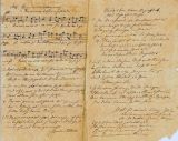 HOFFMANN von FALLERSLEBEN, August Heinrich [1798-1874]: 4 Liedtexte von Schreiberhand mit Unterschrift von Schreiberhand, z.T. mit Melodien. [Um 1850].. 1 Blatt (16 x 20,5 cm), gefalzt, braunes Papier, eine Ecke geringfügig lädiert. Randeinrisse. 