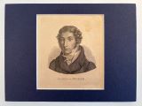 WEBER, Carl Maria von. - Portrait, Porträt, Brustbild nach links. Stahlstich nach einem Kupferstich von F. Jügel. Um 1840. 10,3 x 9 cm. Farbiges Passepartout. 
