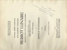 SCHÖNBERG, A: Dreimal sieben Gedichte aus Albert Girauds Pierrot Lunaire. (Deutsch von Otto Erich Hartleben). Für eine Sprechstimme, Klavier, Flöte (auch Piccolo), Klarinette (auch Baß-Klarinette), Geige (auch Bratsche) und Violoncell. (Melodramen). Op. 21. Partitur. Wien/Leipzig UE (VerlagsNr. U. E. 5334.5336) 1914 Folio. 2 Bl., 78 S. Bindung restauriert. Schöner kräftiger Abzug, gedruckt auf Büttenpapier. Unbeschnitten. 21/02 Halblederband der Zeit. Deckel nachträglich bezogen. Rücken beschädigt. Goldbedruckter Original-Büttenkarton eingebunden. 