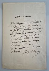 BIZET, Georges [1838-1875]: Autograph letter in French with signature. Enclosed: Nicely engraved portrait of Bizet as cuttout of a contemporary opera magazine. No place and date, Oktavo 20,5 x 13,3 cm. 1 page. Closed short tear repaired professionally verso, minor loss of paper at lower left corner, remaining traces of mounting at left corners verso. 