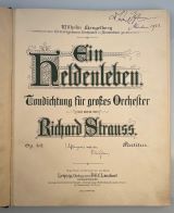 STRAUSS, R.: Ein Heldenleben. Tondichtung für großes Orchester. Op. 40. Partitur. Karl Böhm's working copy of the full score. Leipzig, F.E.C.L. Leuckart (VerlagsNr.F.E.C.L. 5200) 1899 (Cpr.) Folio. 2 Bl., 139 S. Durchgehend mit Anstreichungen und Anmerkungen mit farbigem Bleistift. 3 S. mit eigenhändigem Namenszug. - Throughout with markings and annotations in colored pencil. 3 pp. with autograph inscription. Linen - Leineneinband 