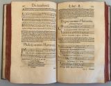 GLAREAN, [H.]: Dodekachordon. Basileae, (H. Petri 1547) Folio. 10 ff, 470 pp, 3 ff. Numerous musical examples in type printing. Some figuratively decorated woodcut initials, several diagrams and illustrations of historical musical instruments. With entries by old hand. 2 leaves (p. 281-284) as facsimile on old paper. Contemporary vellum with attached vellum of old manuscript, professionally restored. Renewed and fitting white front and endpapers 