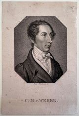 WEBER, Carl Maria von. - Porträt. Stahlstich von F. Fleischmann nach dem Gemälde von C. Vogel. [ca. 1840]. Blatt 15,5 x 10,5 cm, Porträt 9,3 x 7,5cm. Gering stockfleckig. 